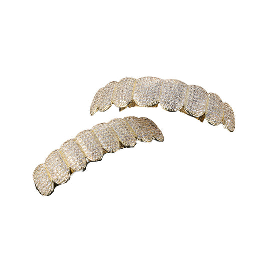 DatNewDrip gold two piece pave grill set iced out hip hop grillz with full diamond coverage