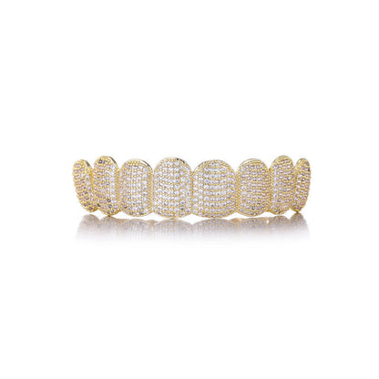 DatNewDrip gold plated iced out hip hop grillz full top set with pave CZ stones and reflective finish