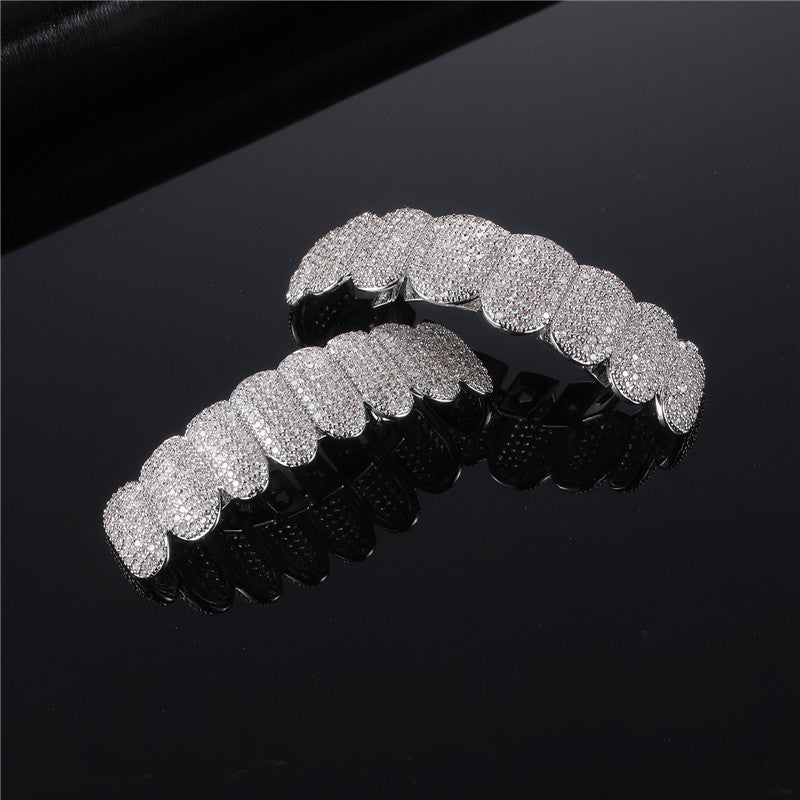 DatNewDrip iced out hip hop grillz full upper and lower silver pave diamond mouthpiece set