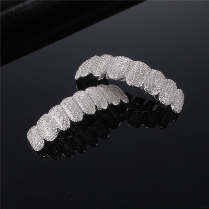 DatNewDrip iced out hip hop grillz full upper and lower silver pave diamond mouthpiece set