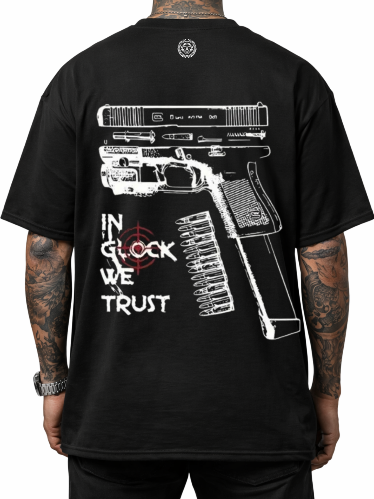 Black cotton t-shirt featuring a graphic of a gun and the text In Glock We Trust on the back