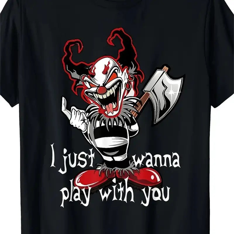 Insane clown t-shirt featuring a playful clown with an axe and bold text on a black background