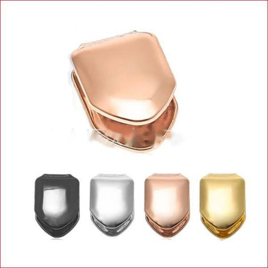 single tooth grillz in black silver rose gold and yellow gold metal cap for hip hop style