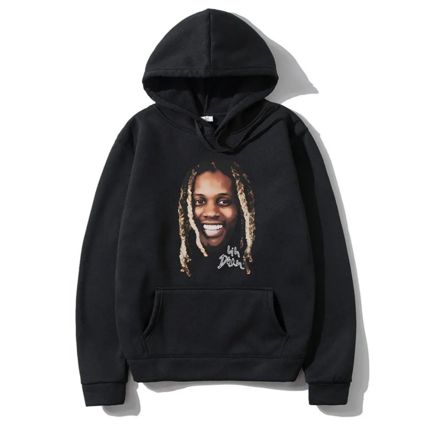 Black Lil Durk hoodie made of soft cotton featuring a graphic print of Lil Durk on the front