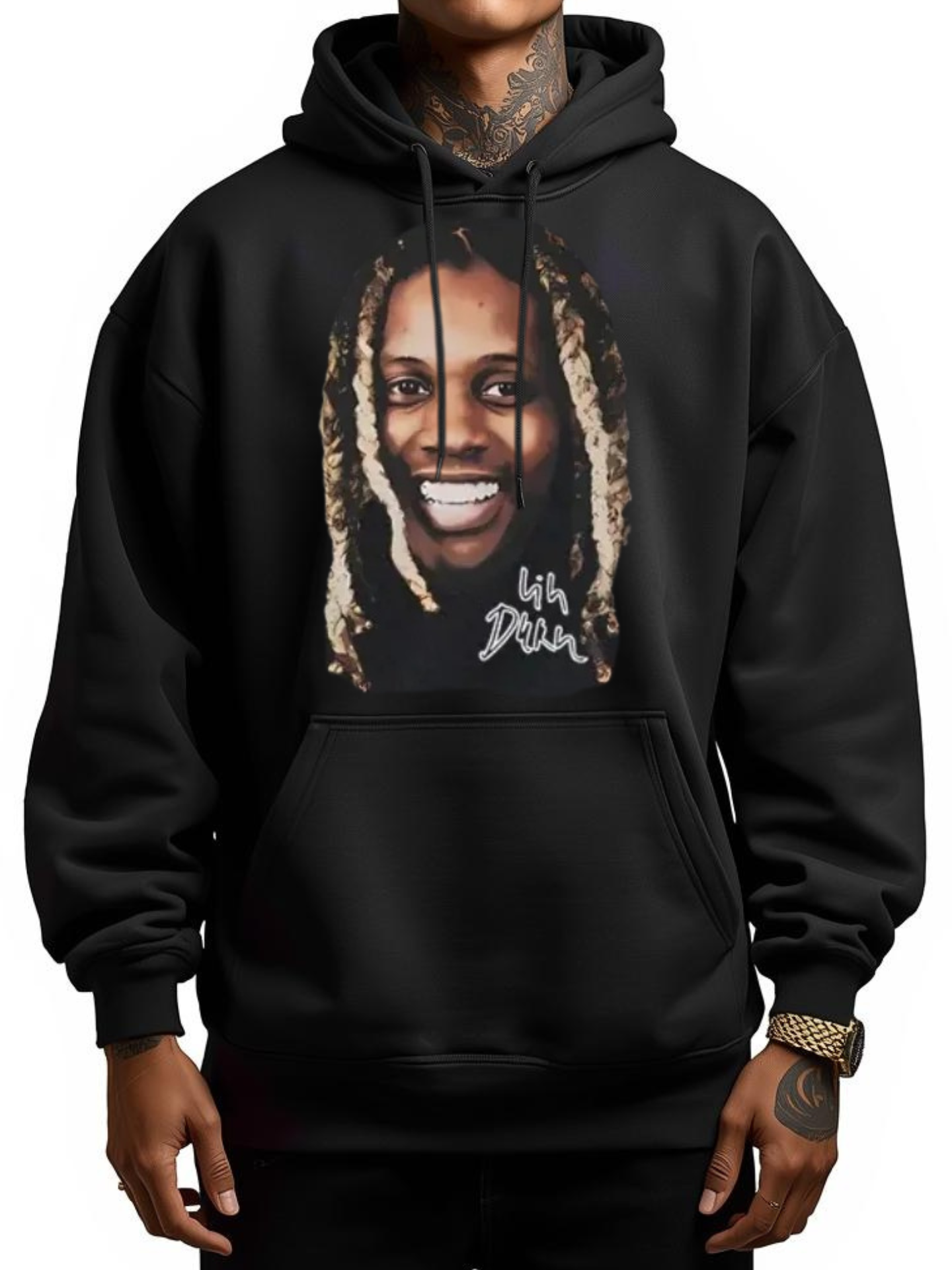 Lil Durk hoodie in black featuring a graphic print of Lil Durk on the front
