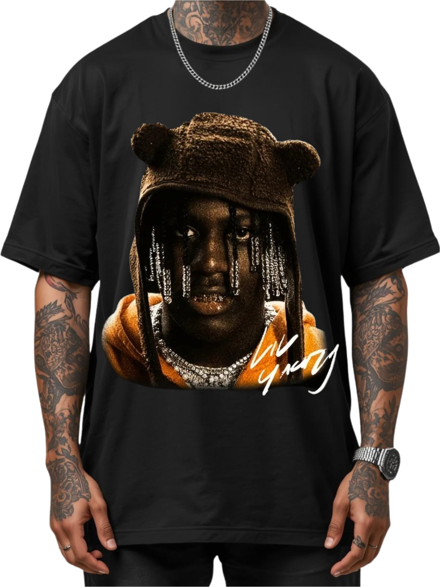 Black Lil Yachty t-shirt featuring graphic print of Lil Yachty in a bear hat for fans of hip-hop fashion