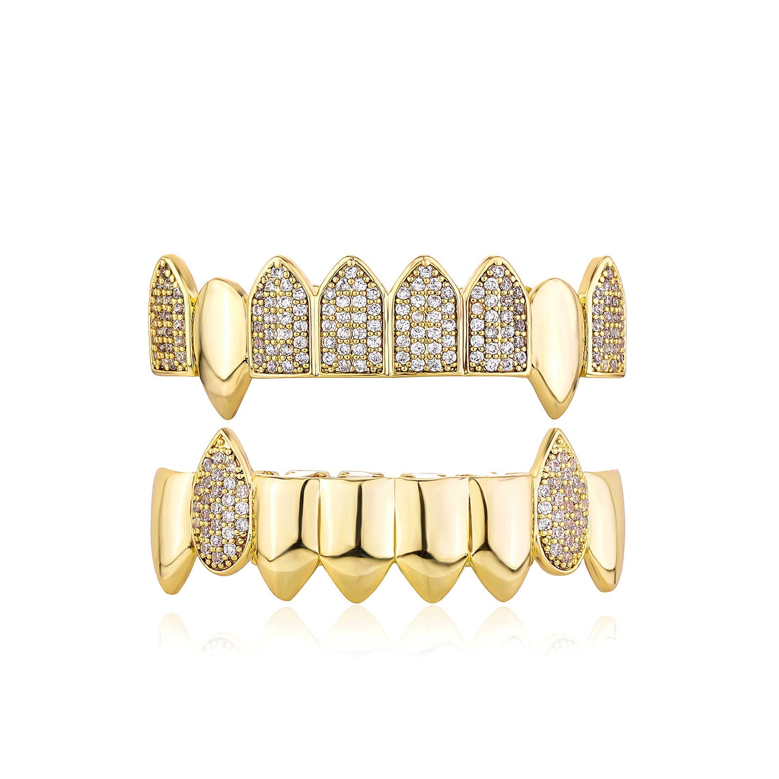 Gold iced out fang grillz set with pave cubic zirconia top and bottom fangs for bold statement style