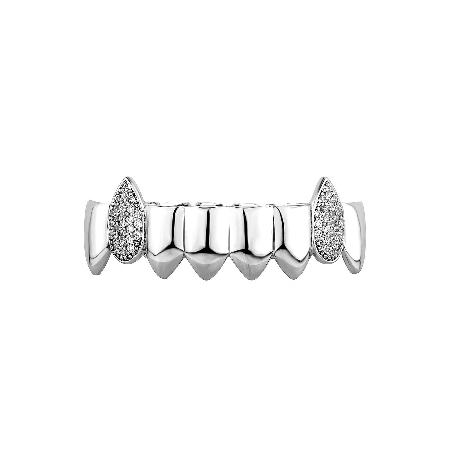 Silver plated iced out fang grillz with pave crystal fangs and polished tooth covers for top teeth