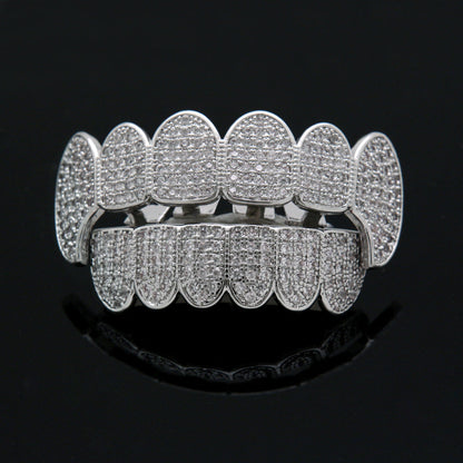 DatNewDrip iced out vampire fang grillz silver pave diamond full top and bottom custom fit