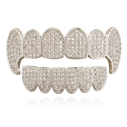 DatNewDrip iced out vampire fang grillz silver pave rhinestone top and bottom set