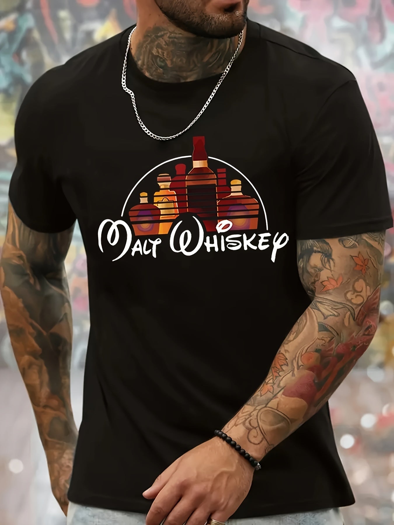 Men's Walt Whiskey t-shirt featuring colorful bottle graphics on a black background