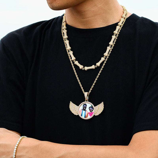 Custom Iced Out Angel Wings Medallions Custom Photo Pendant & Chain