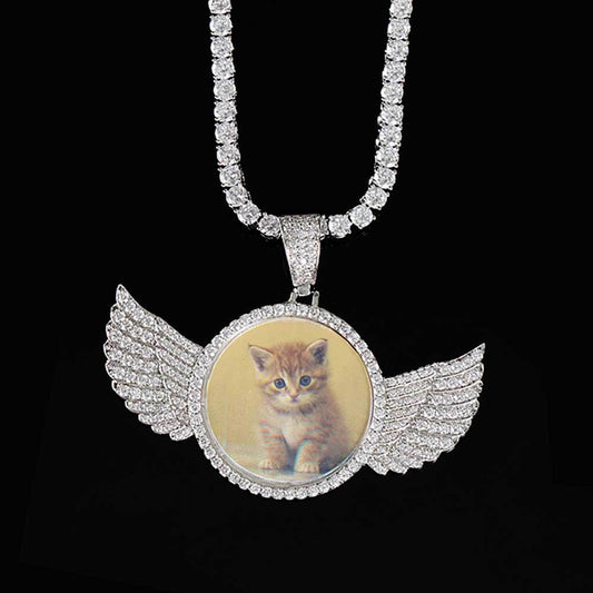 Custom Iced Out Angel Wings Medallions Custom Photo Pendant & Chain