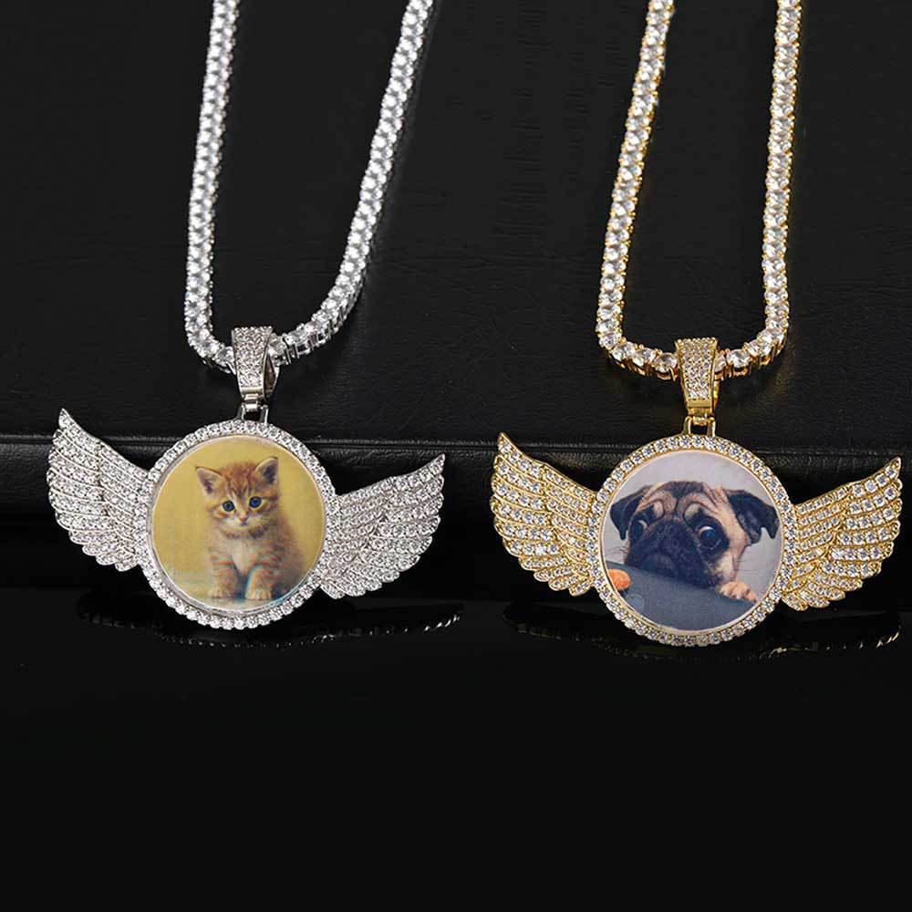 Custom Iced Out Angel Wings Medallions Custom Photo Pendant & Chain