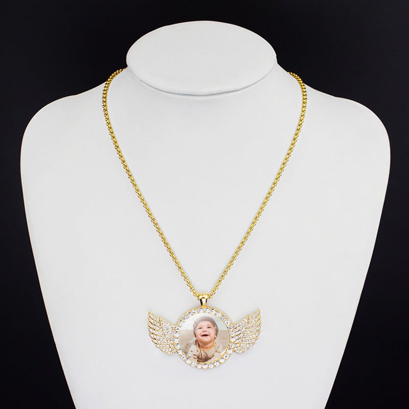 Custom Iced Out Angel Wings Medallions Custom Photo Pendant & Chain
