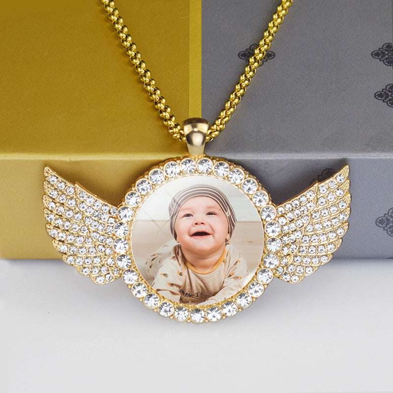 Custom Iced Out Angel Wings Medallions Custom Photo Pendant & Chain