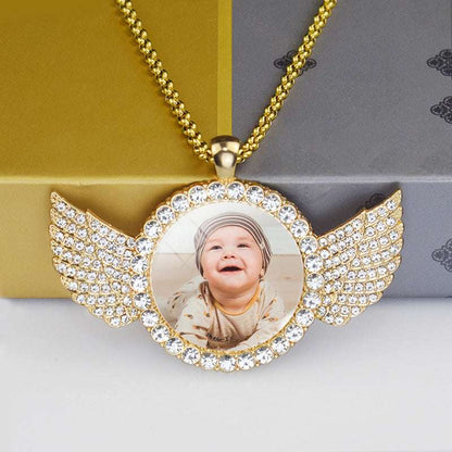 Custom Iced Out Angel Wings Medallions Custom Photo Pendant & Chain