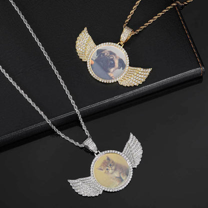 Custom Iced Out Angel Wings Medallions Custom Photo Pendant & Chain