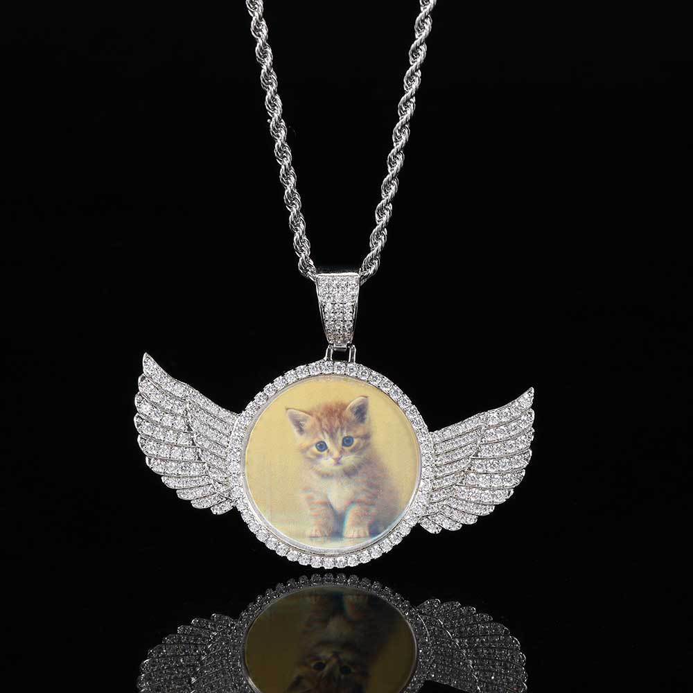 Custom Iced Out Angel Wings Medallions Custom Photo Pendant & Chain
