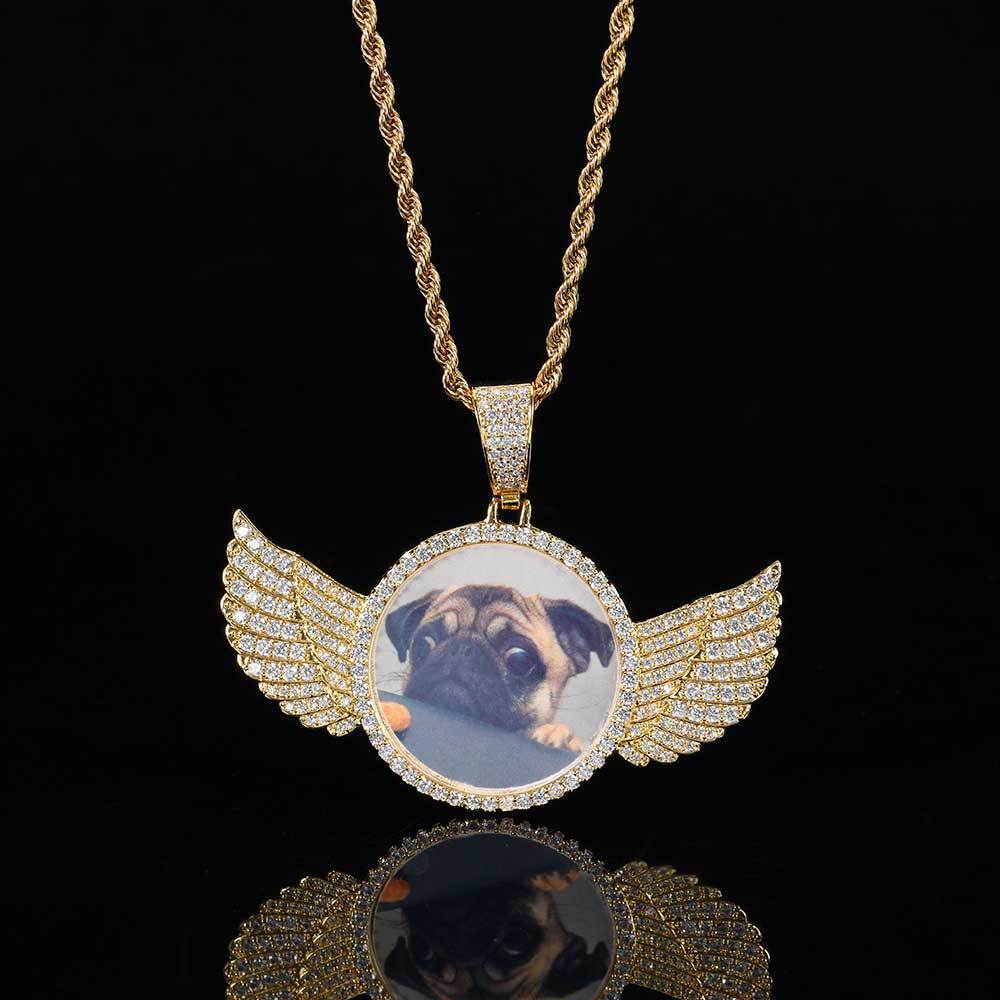 Custom Iced Out Angel Wings Medallions Custom Photo Pendant & Chain