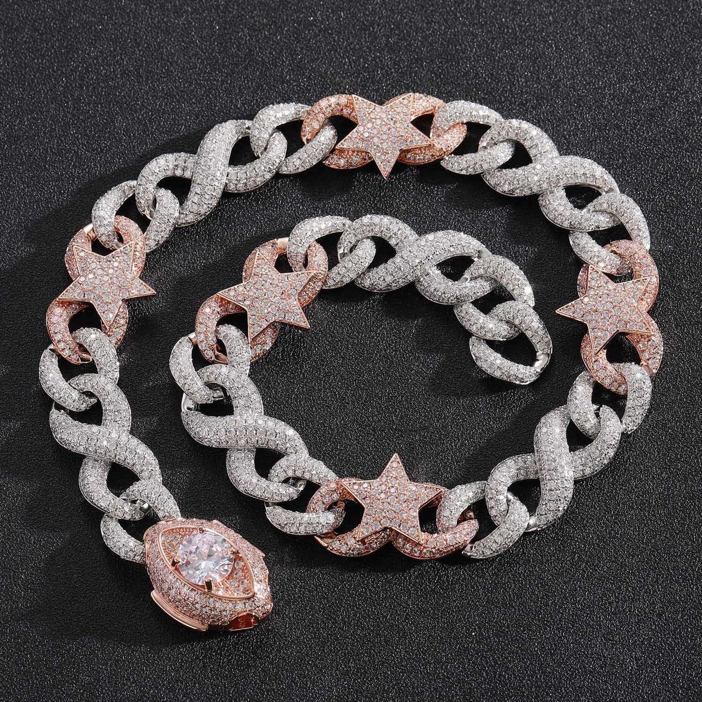Iced Out Two-Tone Five-Pointed Star Vision Clasp Necklace Chain