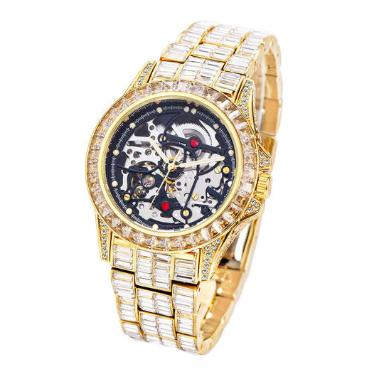 Iced Out Hollow Mechanical Baguette Lined Band Watch
