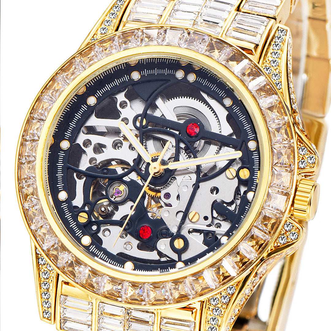 Iced Out Hollow Mechanical Baguette Lined Band Watch