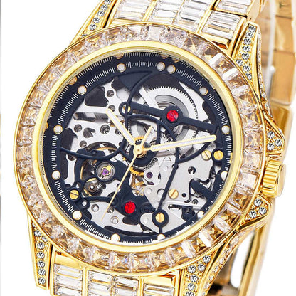 Iced Out Hollow Mechanical Baguette Lined Band Watch