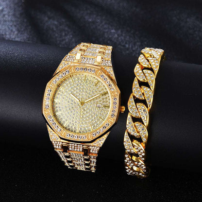 Iced Out Octagon Two Tone Band Watch & Bracelet Set