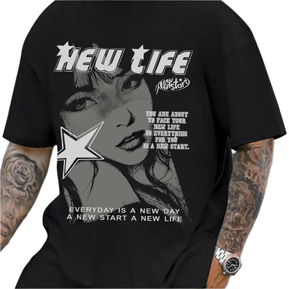 New Life mens t-shirt in black featuring graphic design for a fresh and stylish look