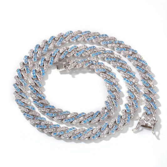 Iced Out Half Blue Cuban Link Necklace Chain 7-20in