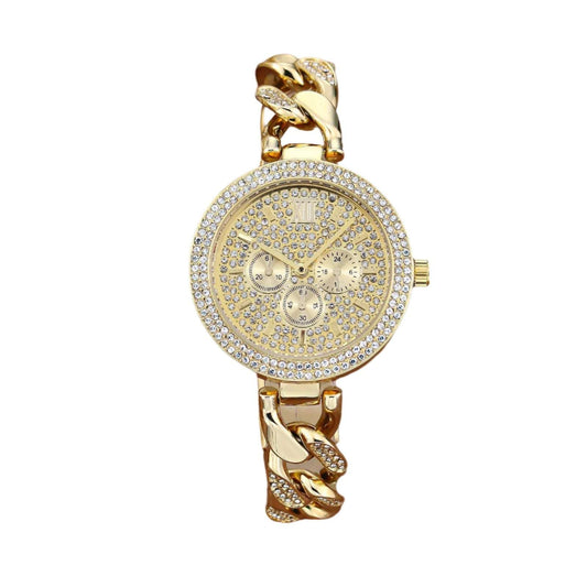 Iced Out Round Face Cuban Link Band Ladies Watch