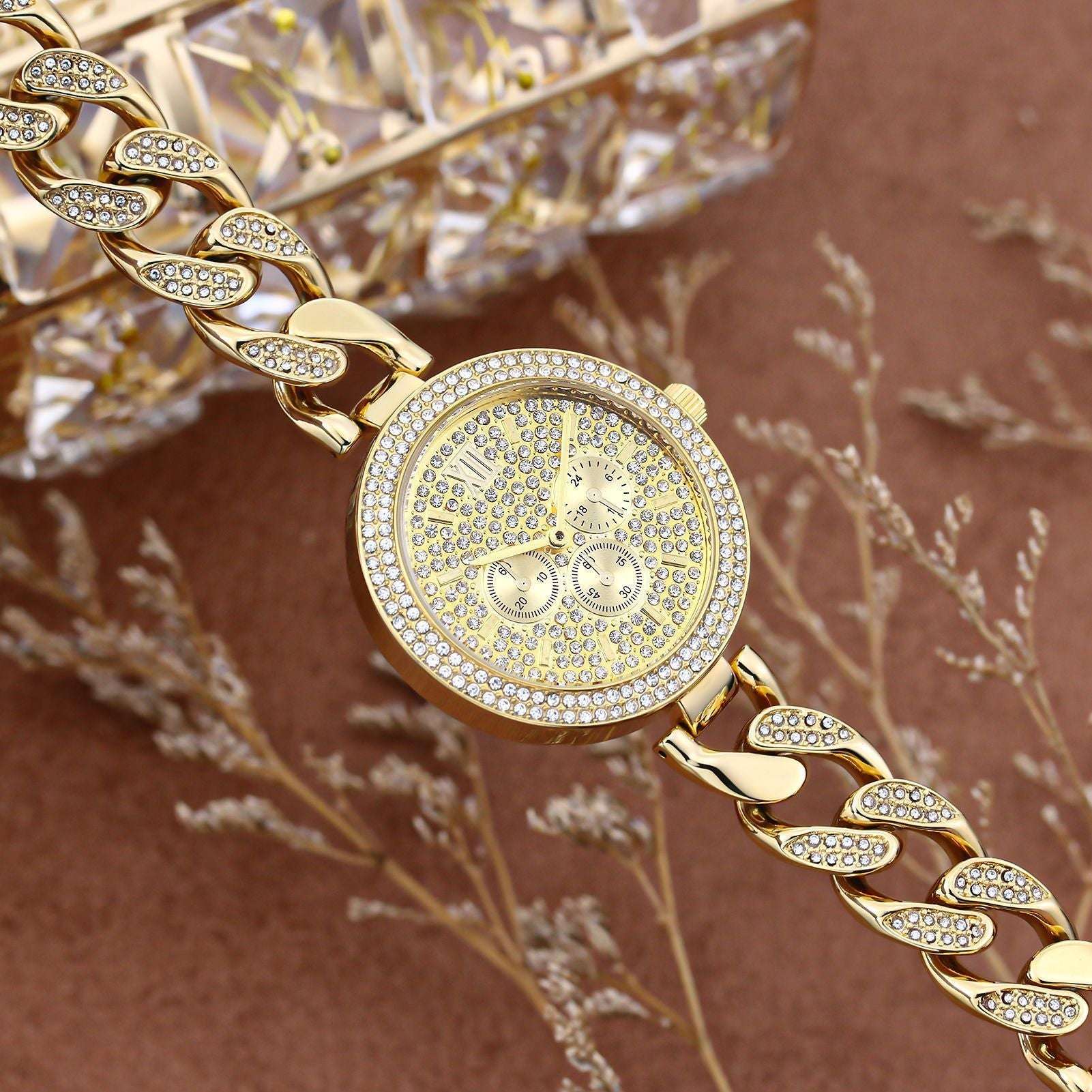Iced Out Round Face Cuban Link Band Ladies Watch