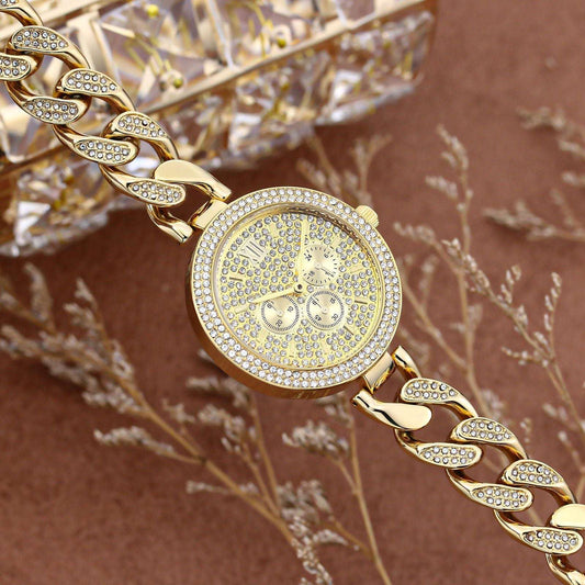 Iced Out Round Face Cuban Link Band Ladies Watch