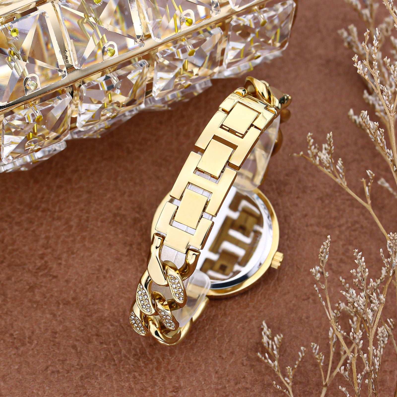 Iced Out Round Face Cuban Link Band Ladies Watch