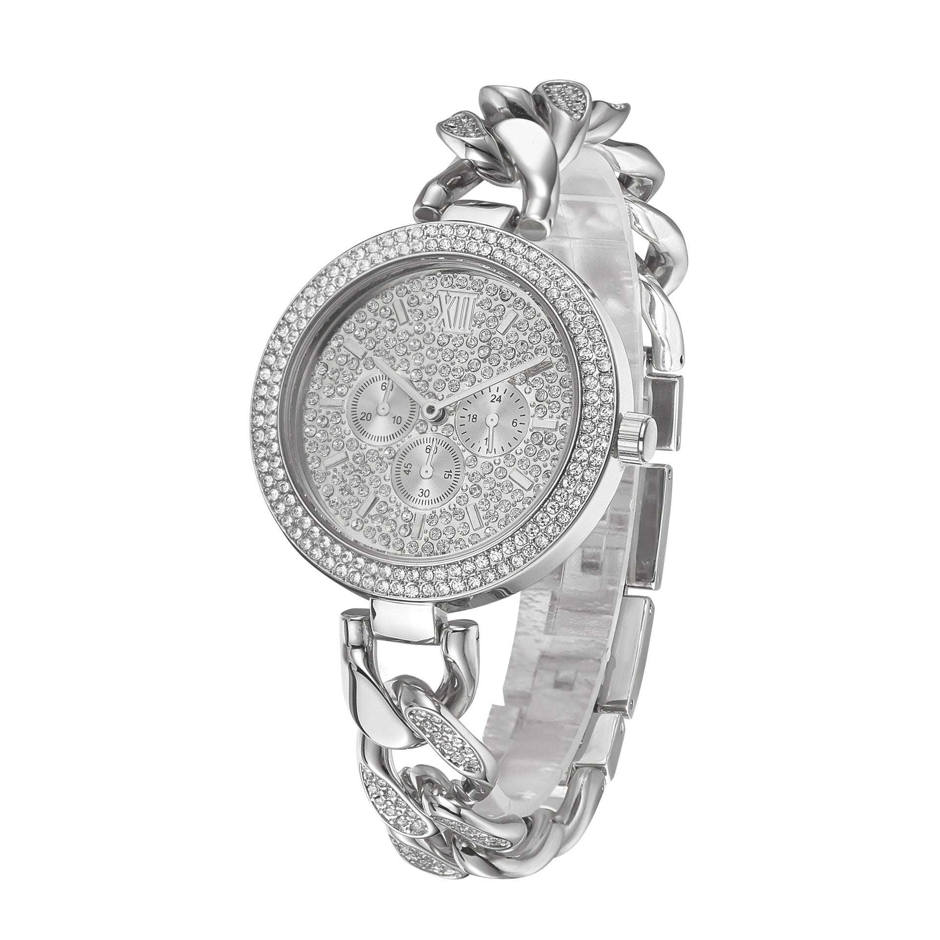Iced Out Round Face Cuban Link Band Ladies Watch