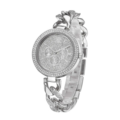 Iced Out Round Face Cuban Link Band Ladies Watch