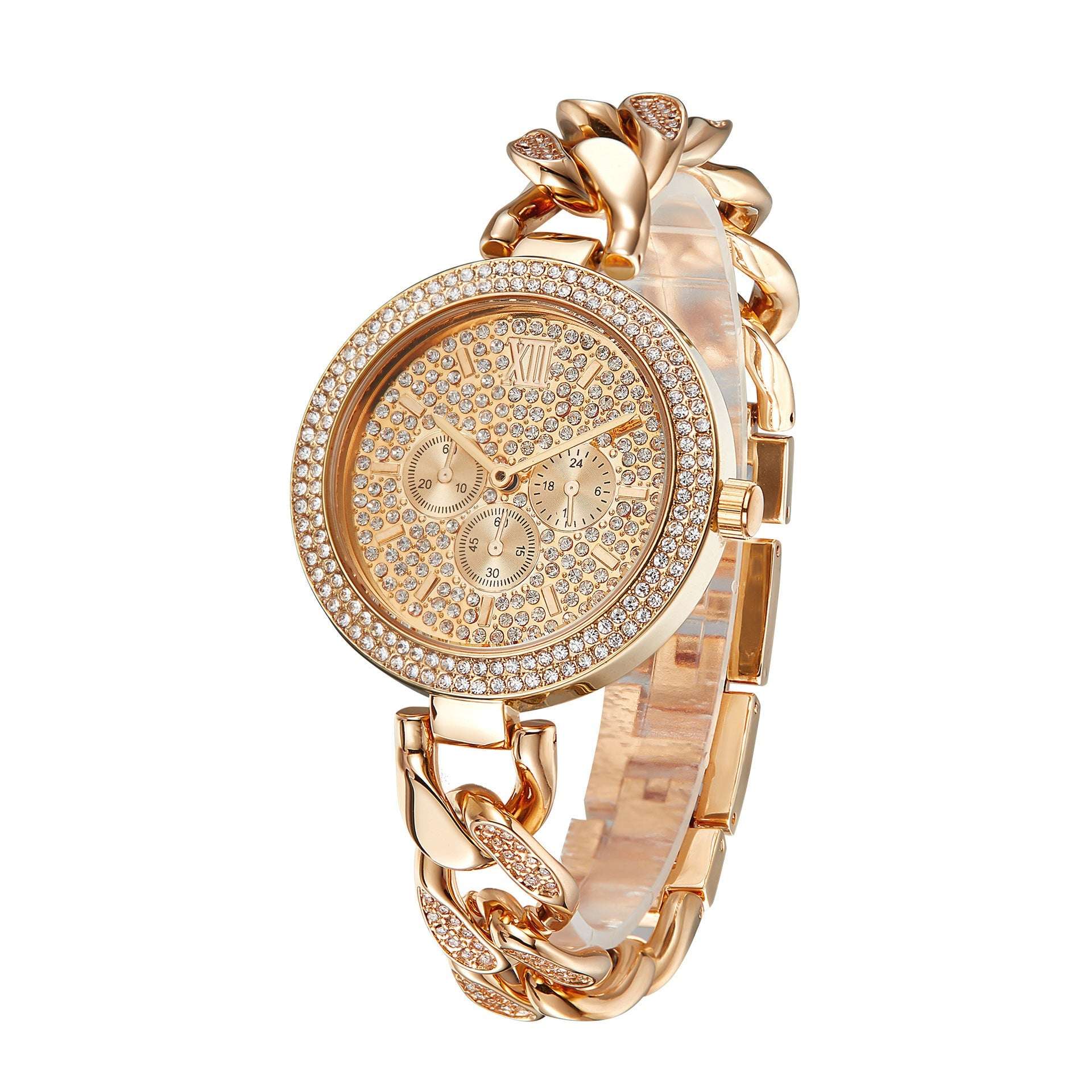 Iced Out Round Face Cuban Link Band Ladies Watch