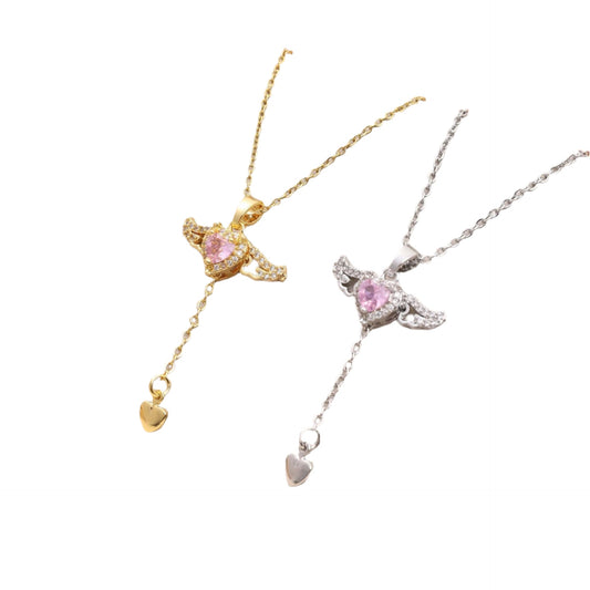 Moving Cupid Heart Angel Wings Tassel Necklace With Crystal Clavicle Chain - DATNEWDRIP