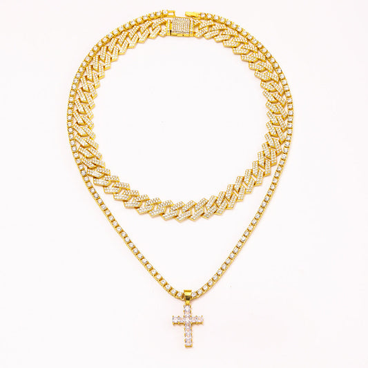 Iced Out Cross Pendant + Tennis Chain Necklace + Miami Curb Cuban Link Clavicle Chain - DATNEWDRIP