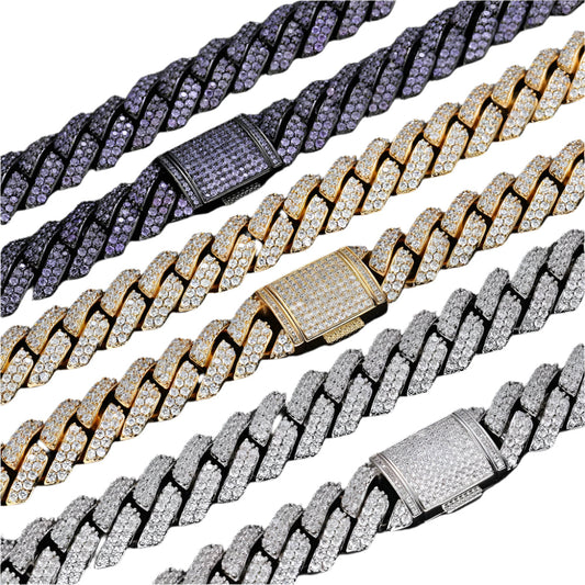 15mm Double Row Cuban Link Necklace Chain gold platinum purple 7-24