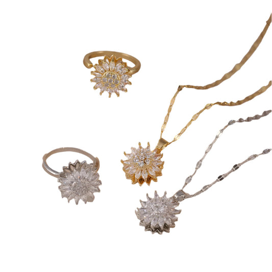 3 Piece Elegant Sunflower Pendant & Chain Necklace + Ear Studs + RingEarrings Fashion Exquisite Micro Seed Jewelry Ring - DATNEWDRIP