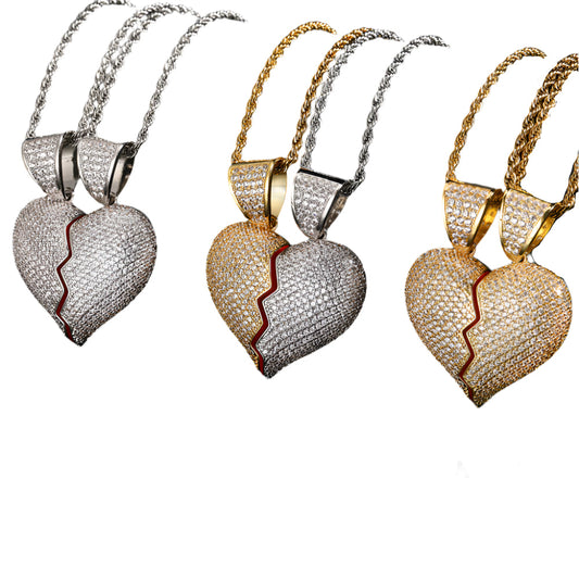 Iced Out Two Half Heartbreak Combination Hip Hop Pendant Love Couple Necklace - DATNEWDRIP