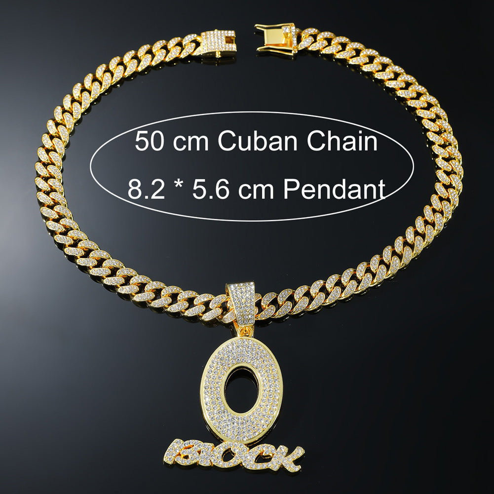 DatNewDrip gold Cuban chain necklace with diamond-studded O Block jewelry pendant