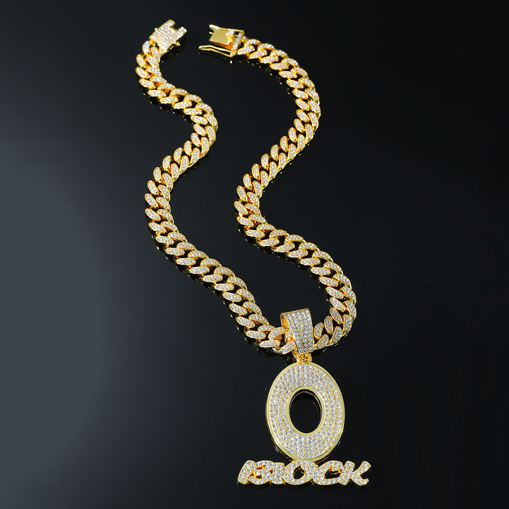 DatNewDrip gold chain necklace with O Block jewelry pendant encrusted with diamonds