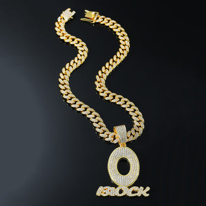 DatNewDrip gold chain necklace with O Block jewelry pendant encrusted with diamonds