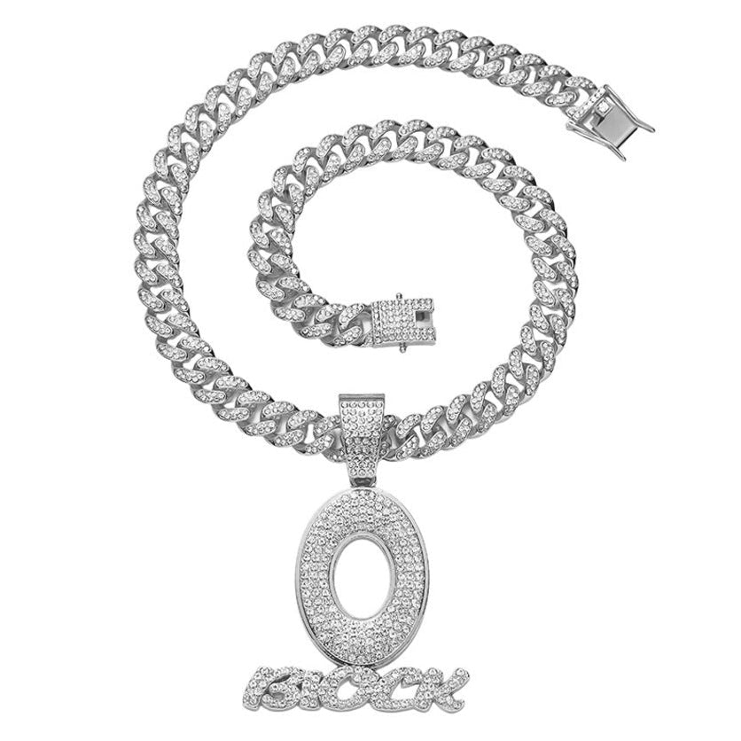 DatNewDrip silver chain necklace with diamond-encrusted O Block jewelry pendant and matching bracelet