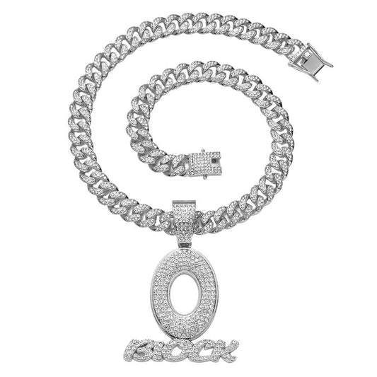 DatNewDrip silver chain necklace with diamond-encrusted O Block jewelry pendant and matching bracelet