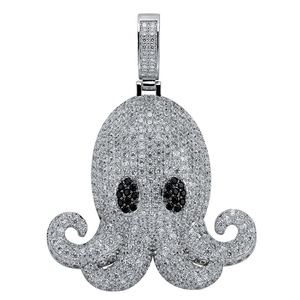 DatNewDrip iced out octopus pendant in silver tone pave crystals with black stone eyes and polished bail