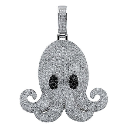 DatNewDrip iced out octopus pendant in silver tone pave crystals with black stone eyes and polished bail